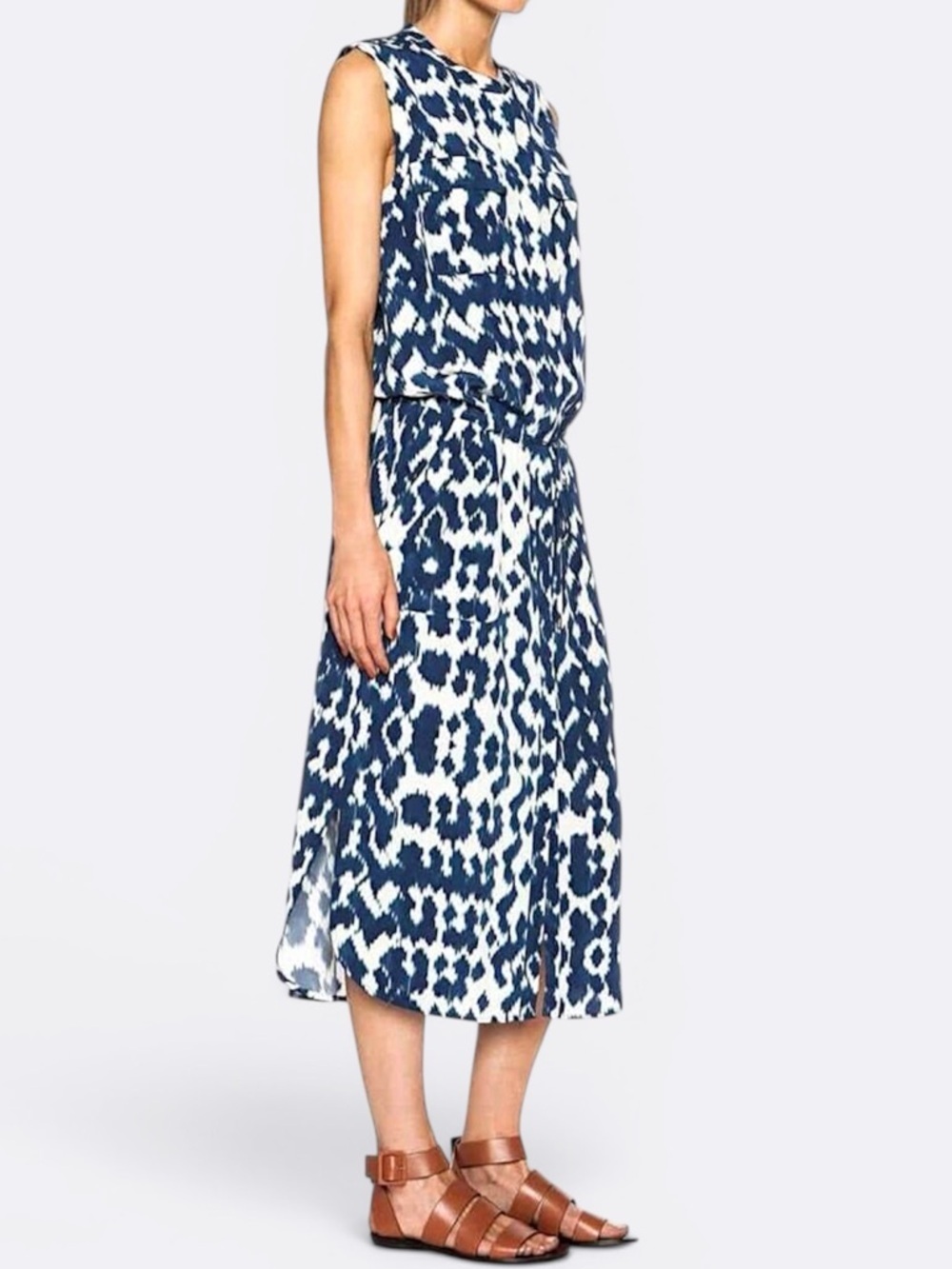 Vince 100% Silk Ikat Print Cargo Sleeveless Blouson Midi Dress Women’s Size S